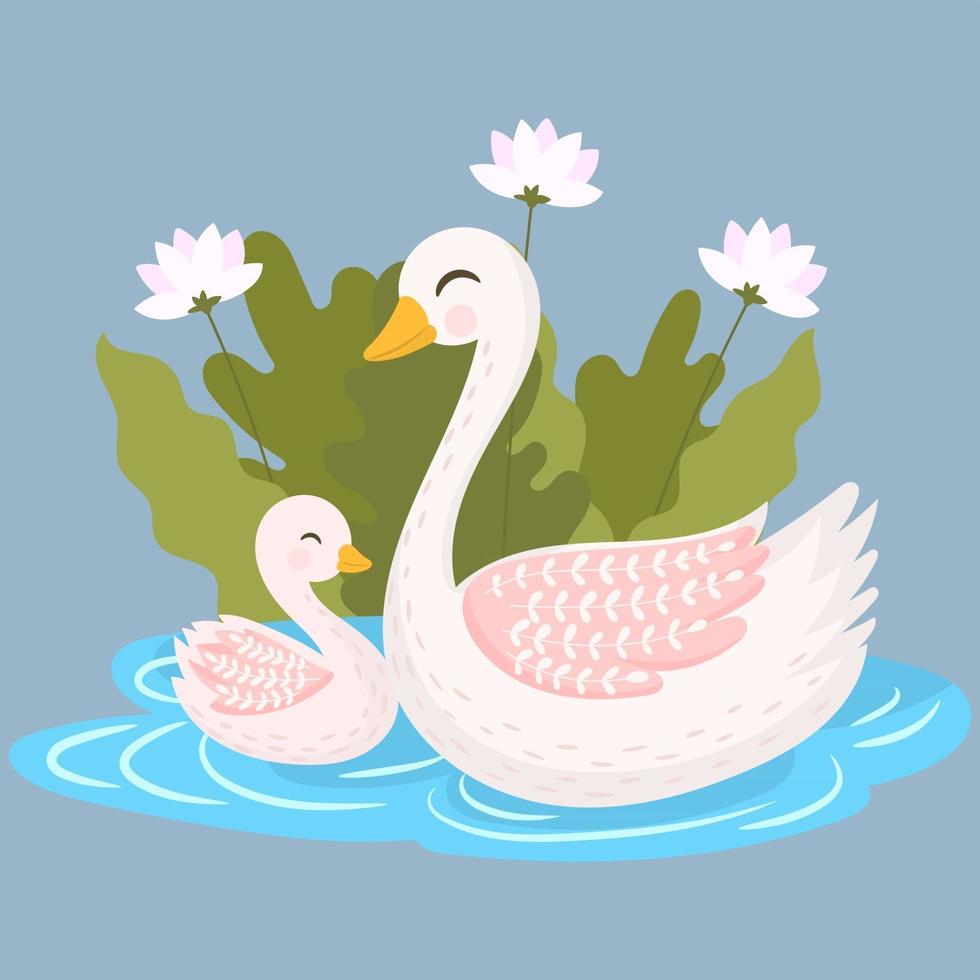 mãe cisne e seu bebê em uma lagoa vetor
