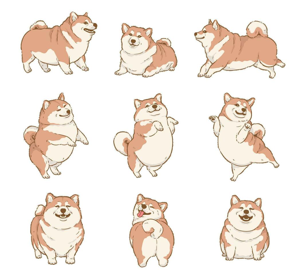 fofa desenho animado Shiba inu cachorro definir, desenho animado cachorro personagem Projeto com plano cores dentro vários poses vetor