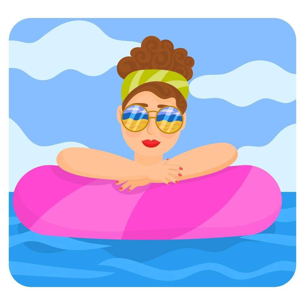 mulher com óculos escuros e cabelo com tiara flutuando na água vetor