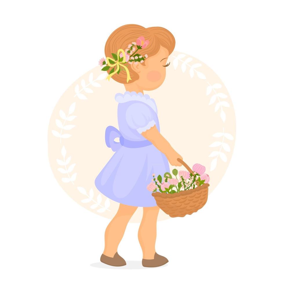 menina com linda cesta de flores de primavera vetor