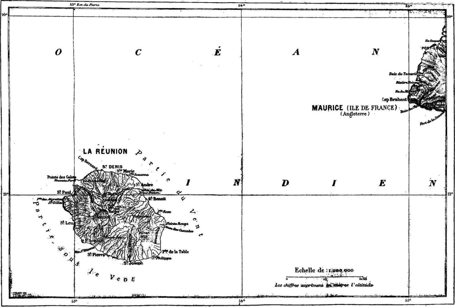 reunião e Maurícia mapa, vintage gravação. vetor