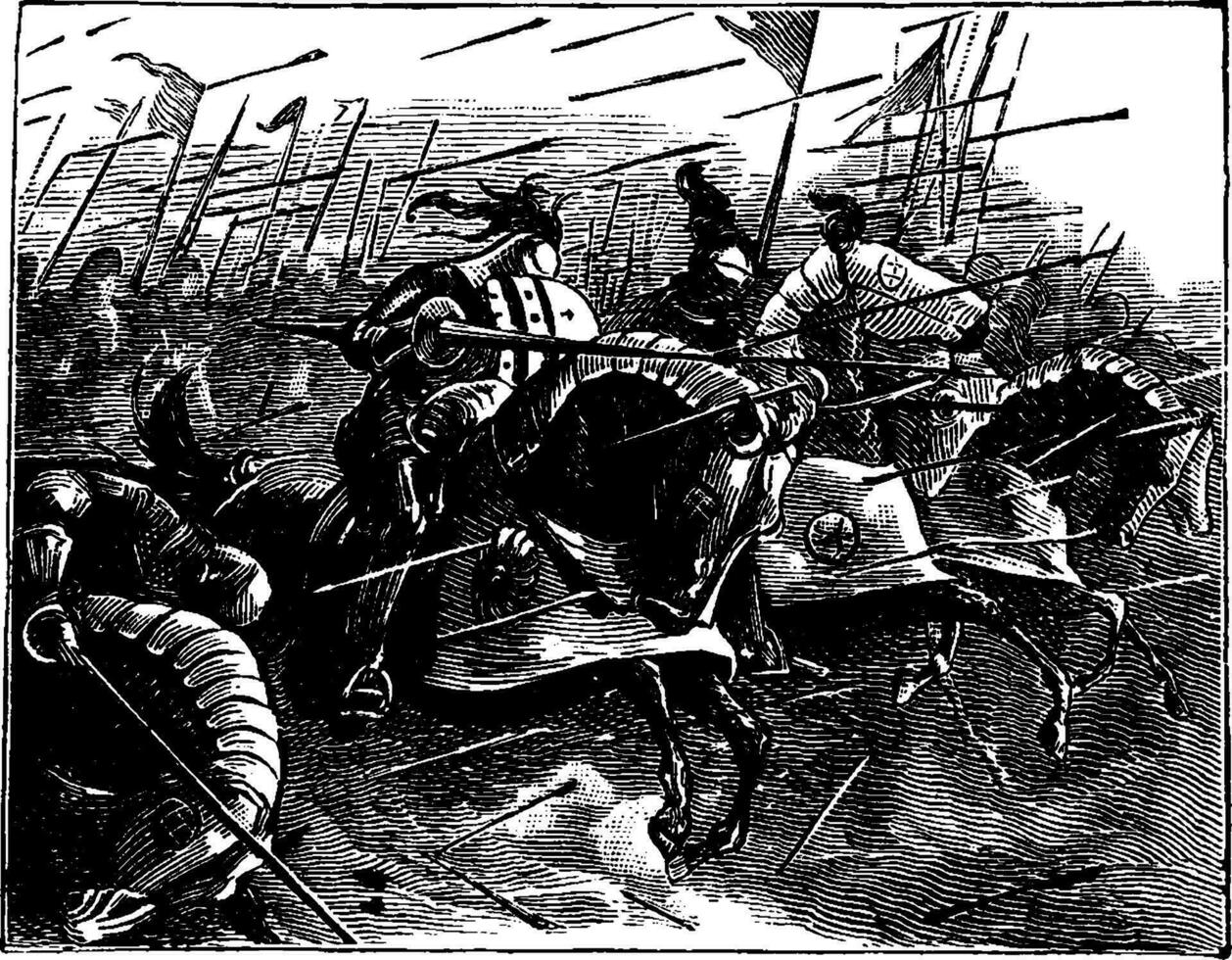 cavaleiros cobrando com lanças, vintage ilustração vetor