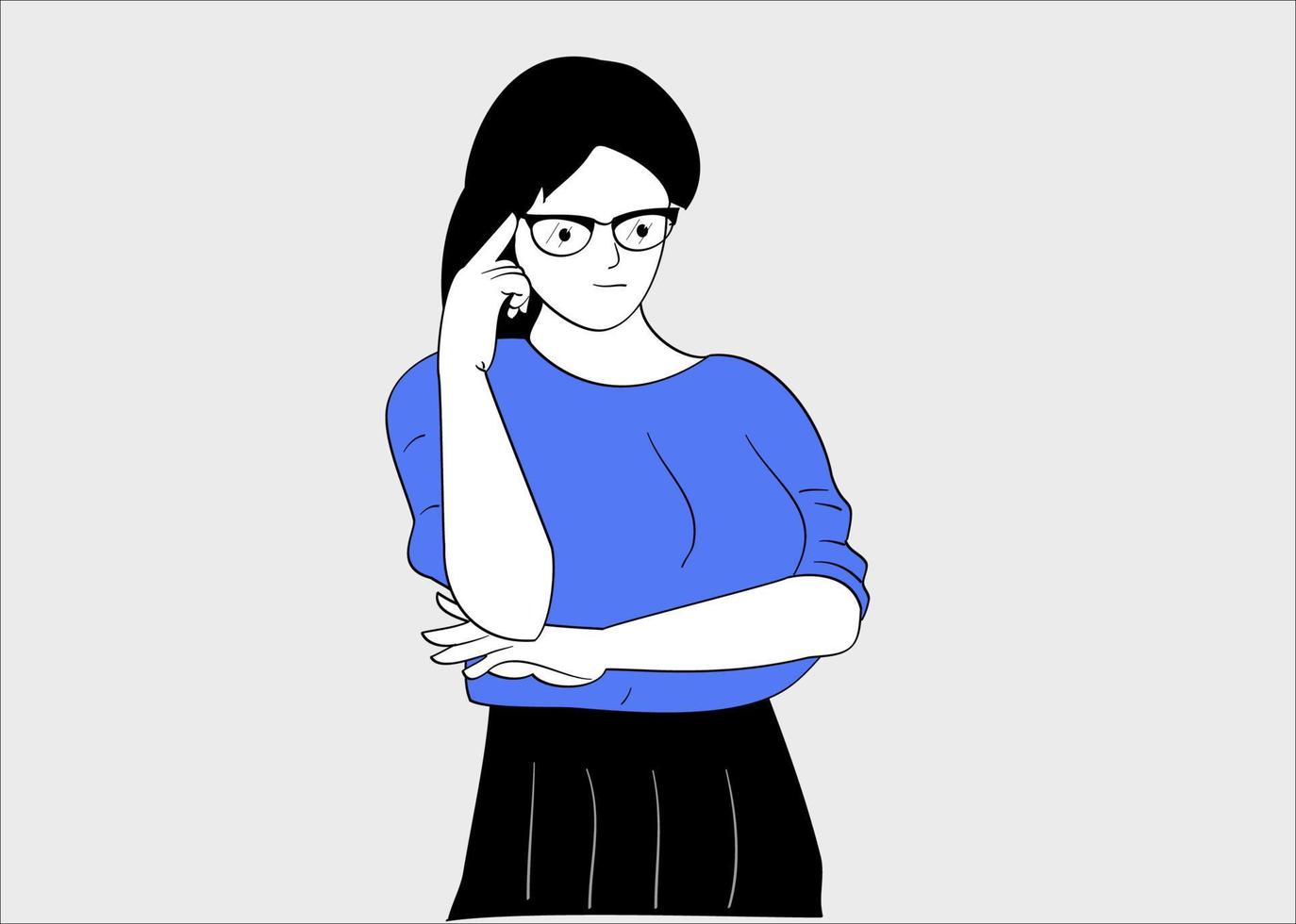 uma jovem está curiosa e levantando a armação dos óculos. mão desenhada estilo ilustrações vetoriais. vetor