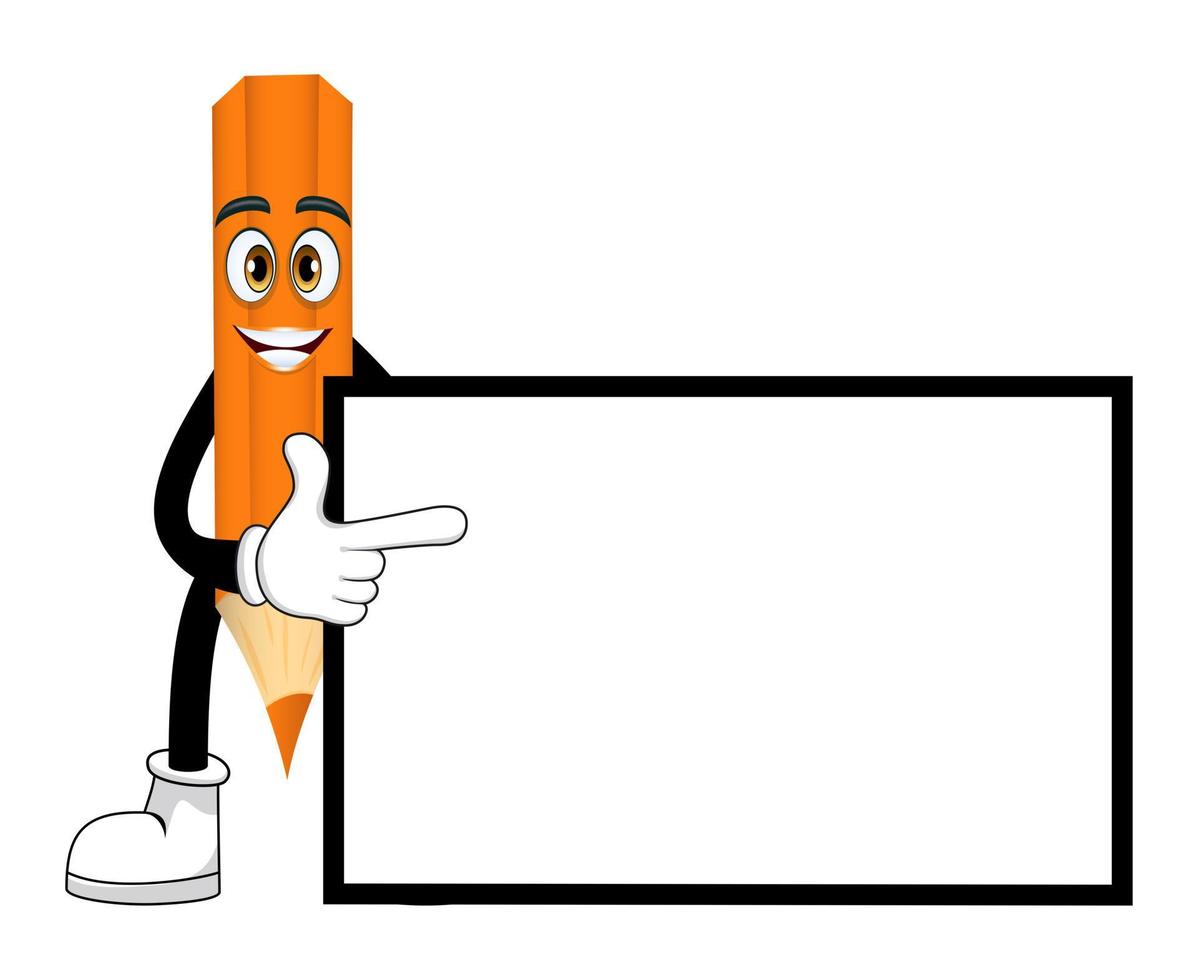 Personagem de lápis feliz fofo mascote de pé e apontando para um cartaz em branco junto com uma expressão facial alegre isolada vetor