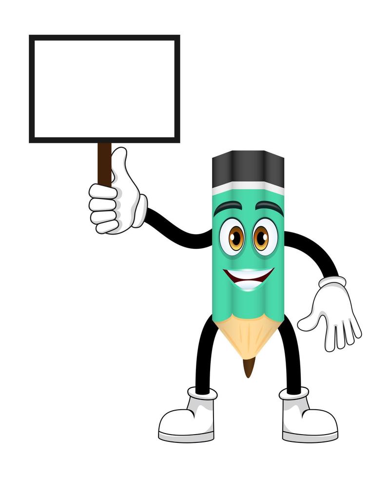 personagem de lápis bonito mascote bonito de pé e segurando um cartaz em branco vetor