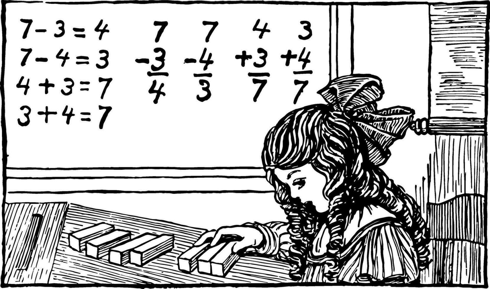 menina contando blocos matemática problemas ou Aprendendo matemática, vintage gravação vetor
