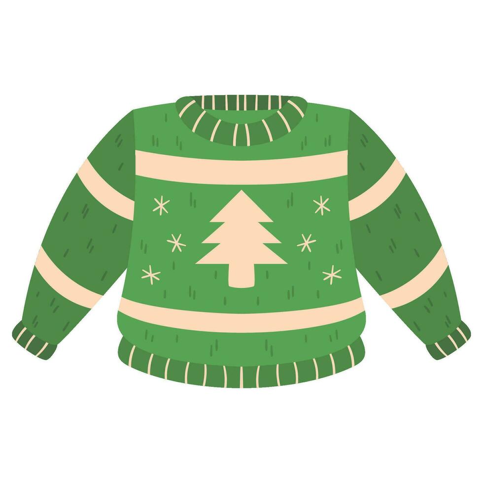 feio Natal suéter, suéter com ornamento, verde cor com branco pinho árvore vetor