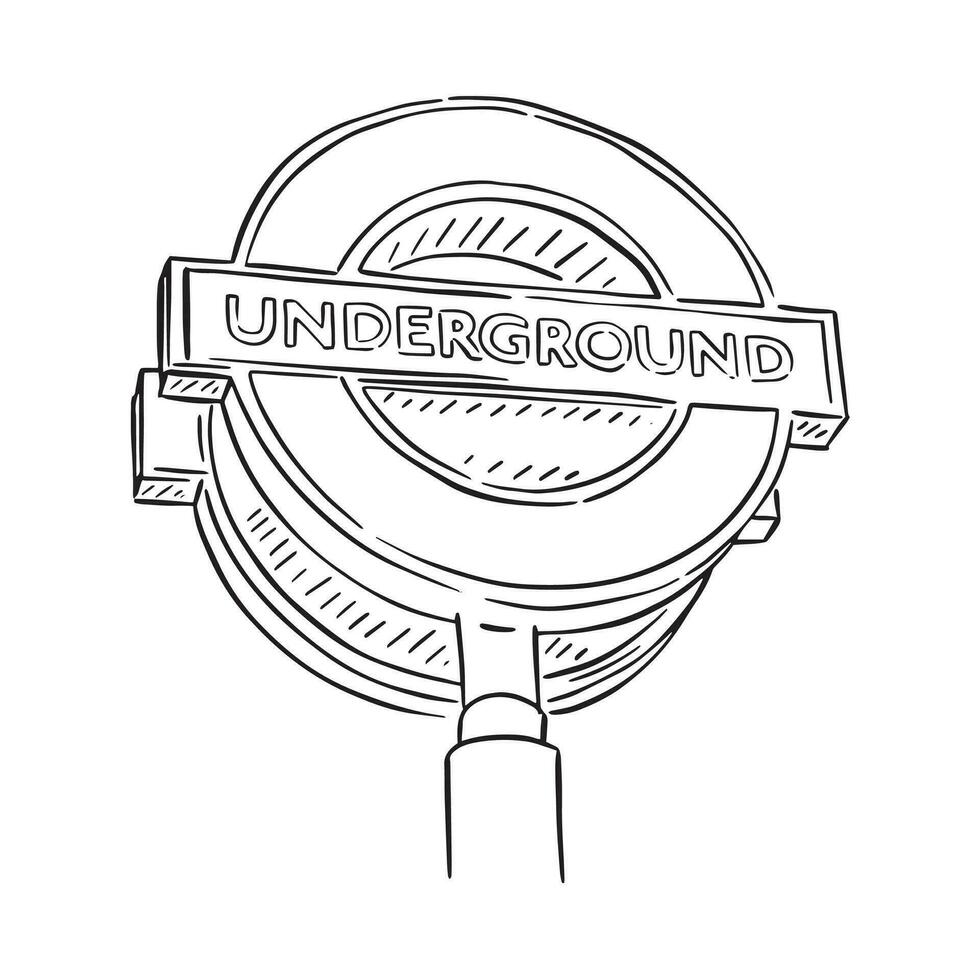 Londres subterrâneo placa mão desenhado dentro Preto e branco linha desenho. vetor