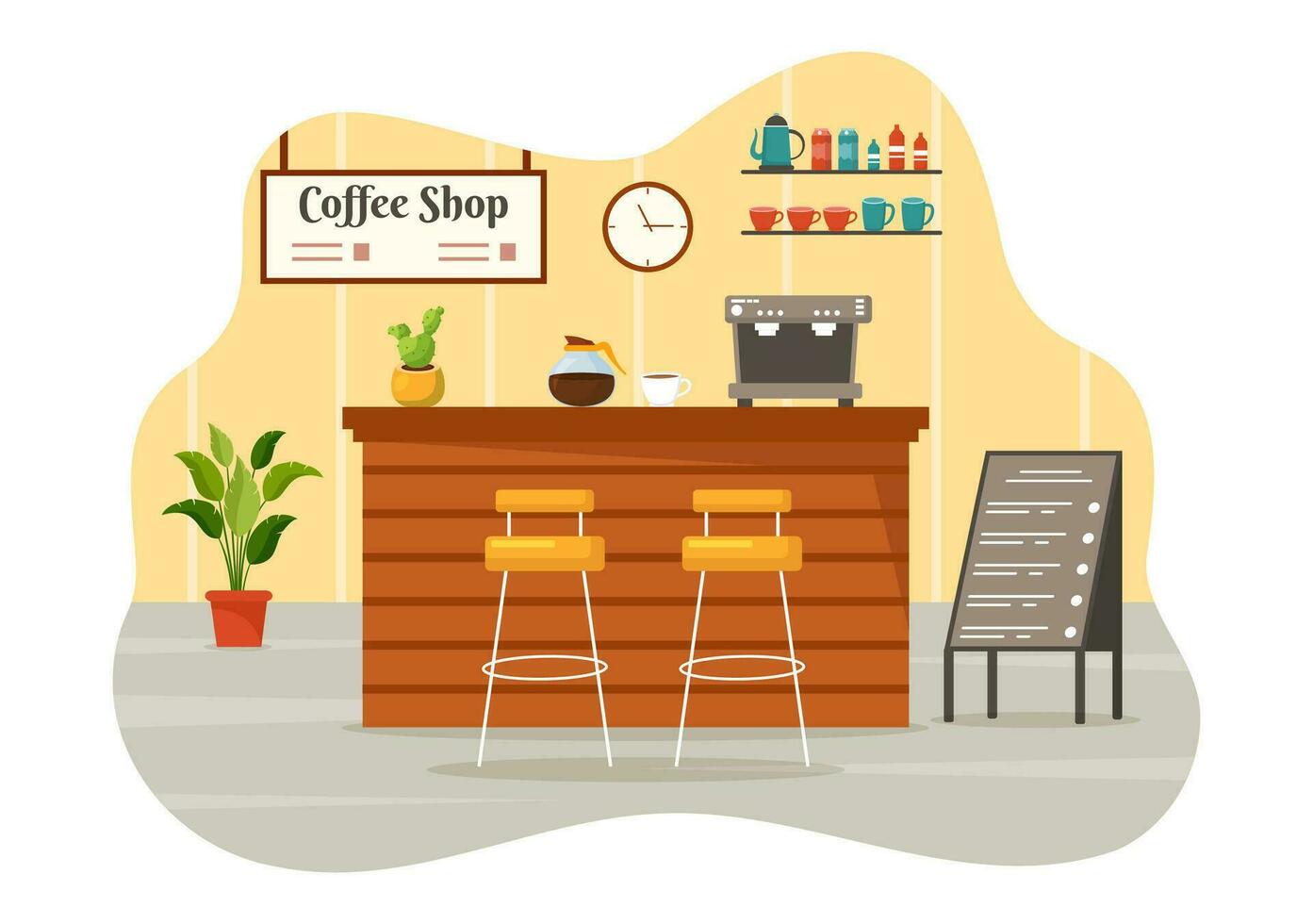 café fazer compras vetor ilustração com interior e mobília adequado para poster ou propaganda dentro plano desenho animado fundo Projeto