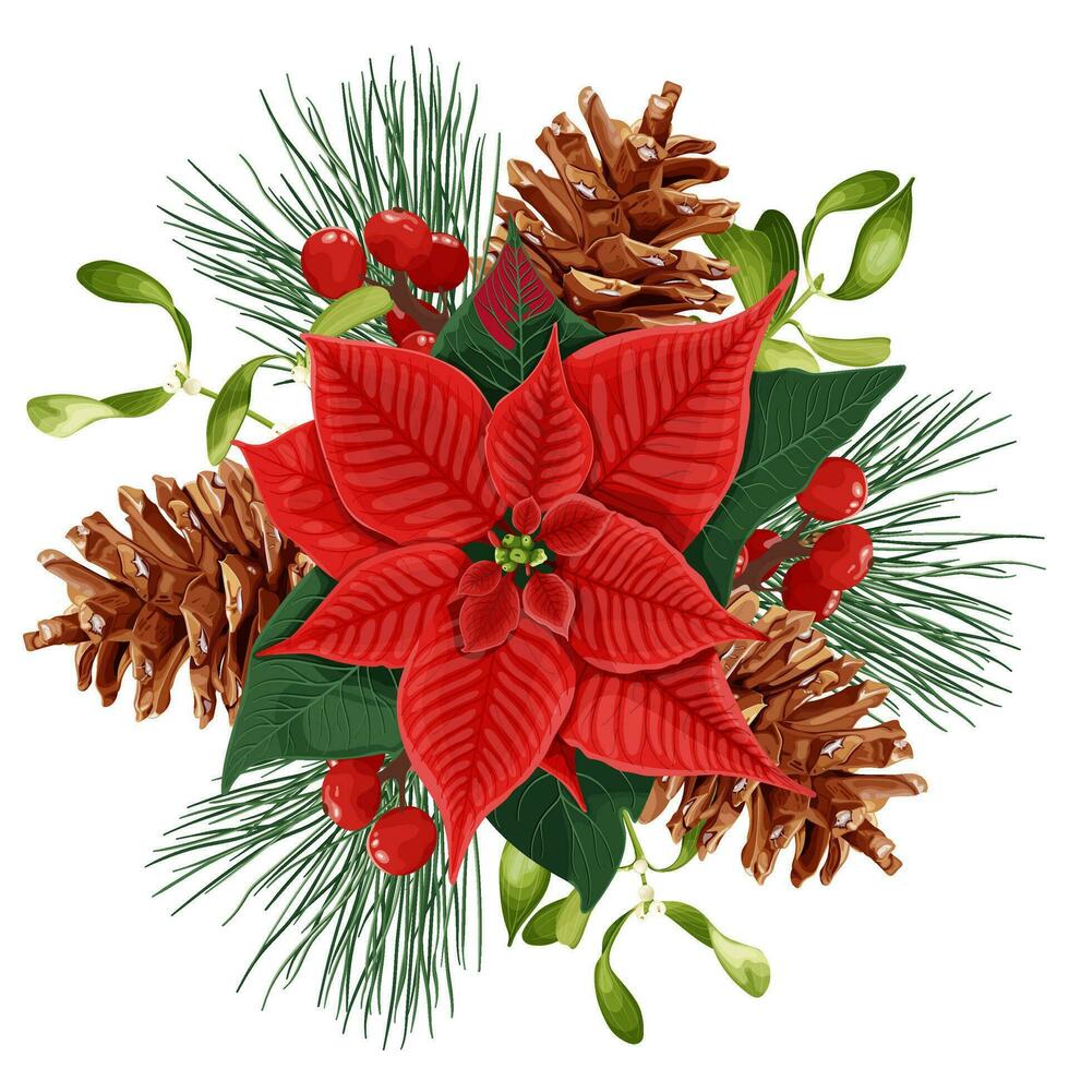 Natal decoração. ramalhete com vermelho poinsétia flor, visco, bagas e pinho. vetor