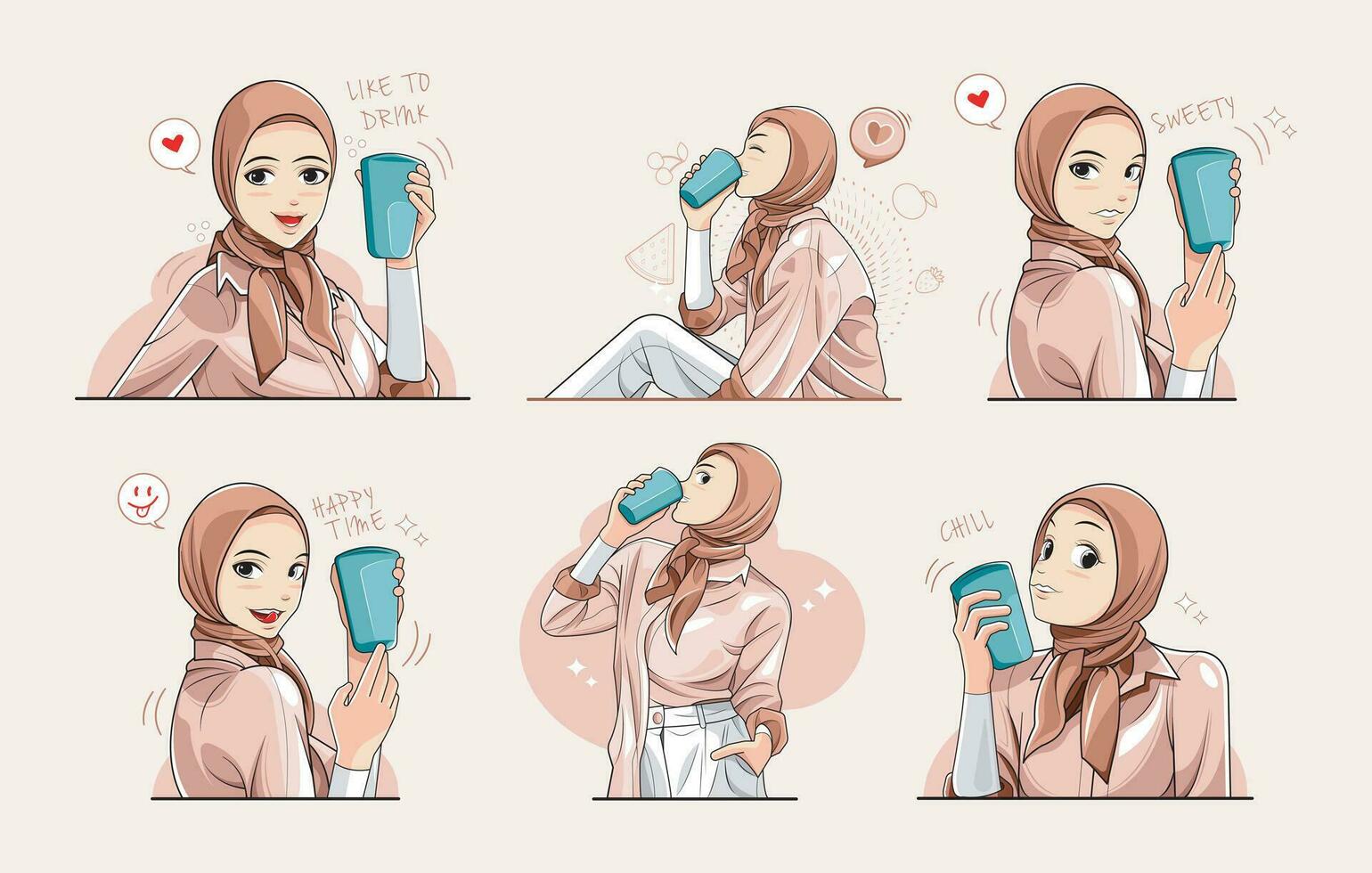 feliz tempo. coleção do jovem mulheres dentro hijab desfrutando uma bebida. vetor ilustração