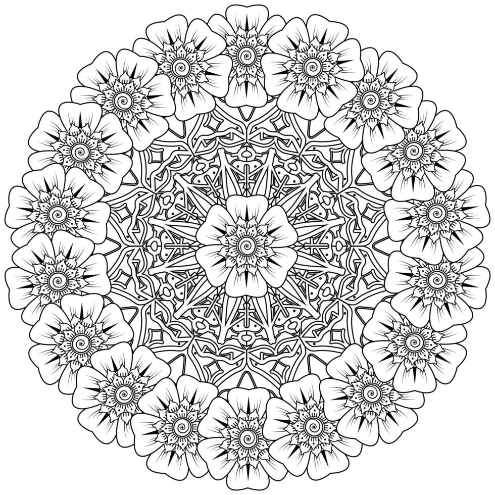 flor mehndi, ornamento decorativo em estilo oriental étnico, ornamento de doodle, desenho de mão de contorno. página do livro para colorir. vetor