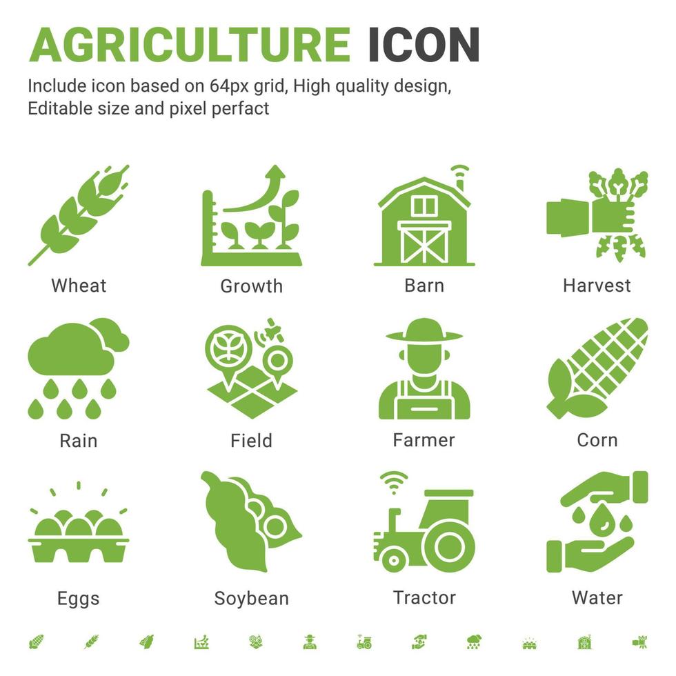 agricultura ícone cenografia estilo simples isolado no fundo branco. crescimento do ícone do vetor, agricultor, campos, trigo, trator, conceito de símbolo de sinal de milho para fazenda, aplicativo móvel, site, interface do usuário, ux e todos os projetos vetor