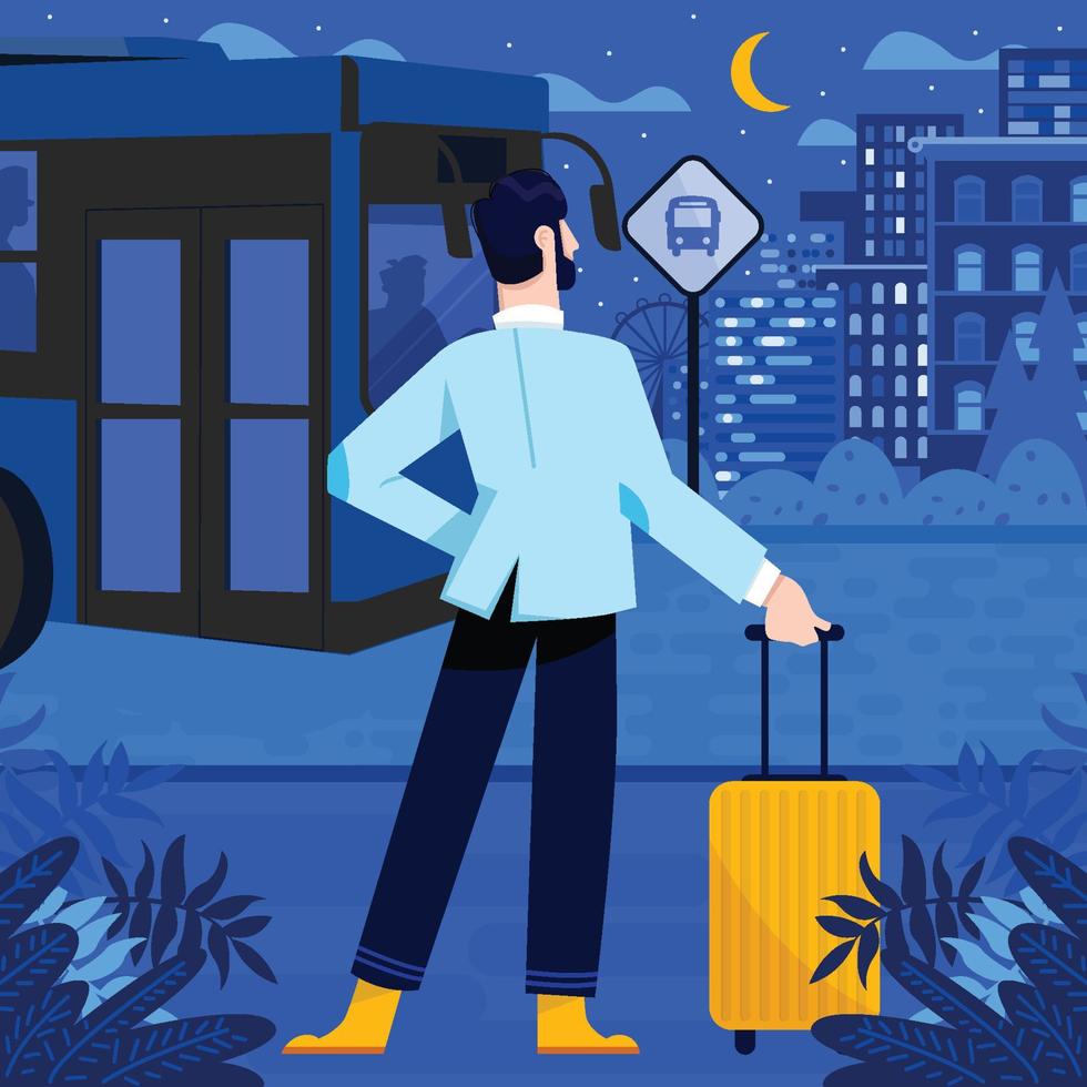 homem com bagagem espera conceito de ônibus vetor