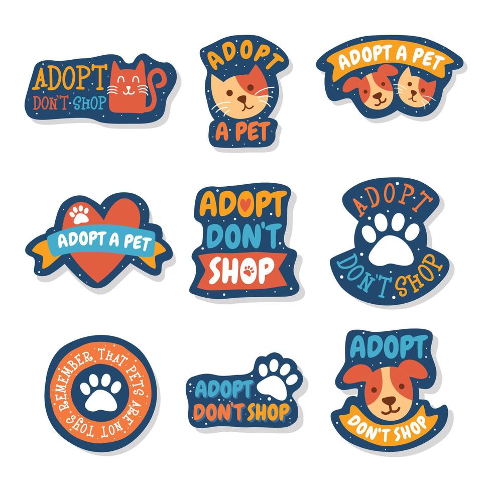 conjunto de adesivos de doodle fofo de adoção de animal de estimação vetor