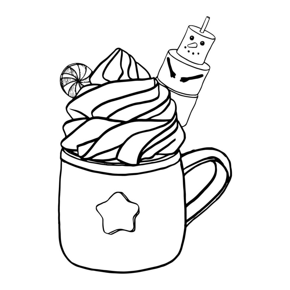 quente beber chocolate copo com açoitado creme e Natal marshmallow boneco de neve, chocolate doces. gráficos vetor ilustração café caneca fofa Projeto. inverno estação caloroso cacau Barra cardápio