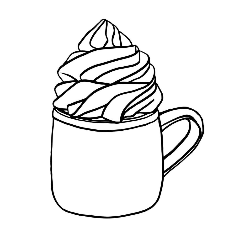 quente beber chocolate copo com açoitado creme. mão desenhado estilo rabisco desenhando Preto e branco. vetor linha arte ilustração café caneca fofa Projeto. inverno estação caloroso cacau Barra cardápio