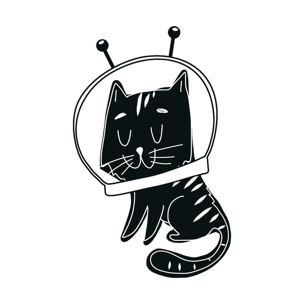 fofa Preto gato astronauta em uma transparente fundo, desenhado dentro uma plano estilo. vetor