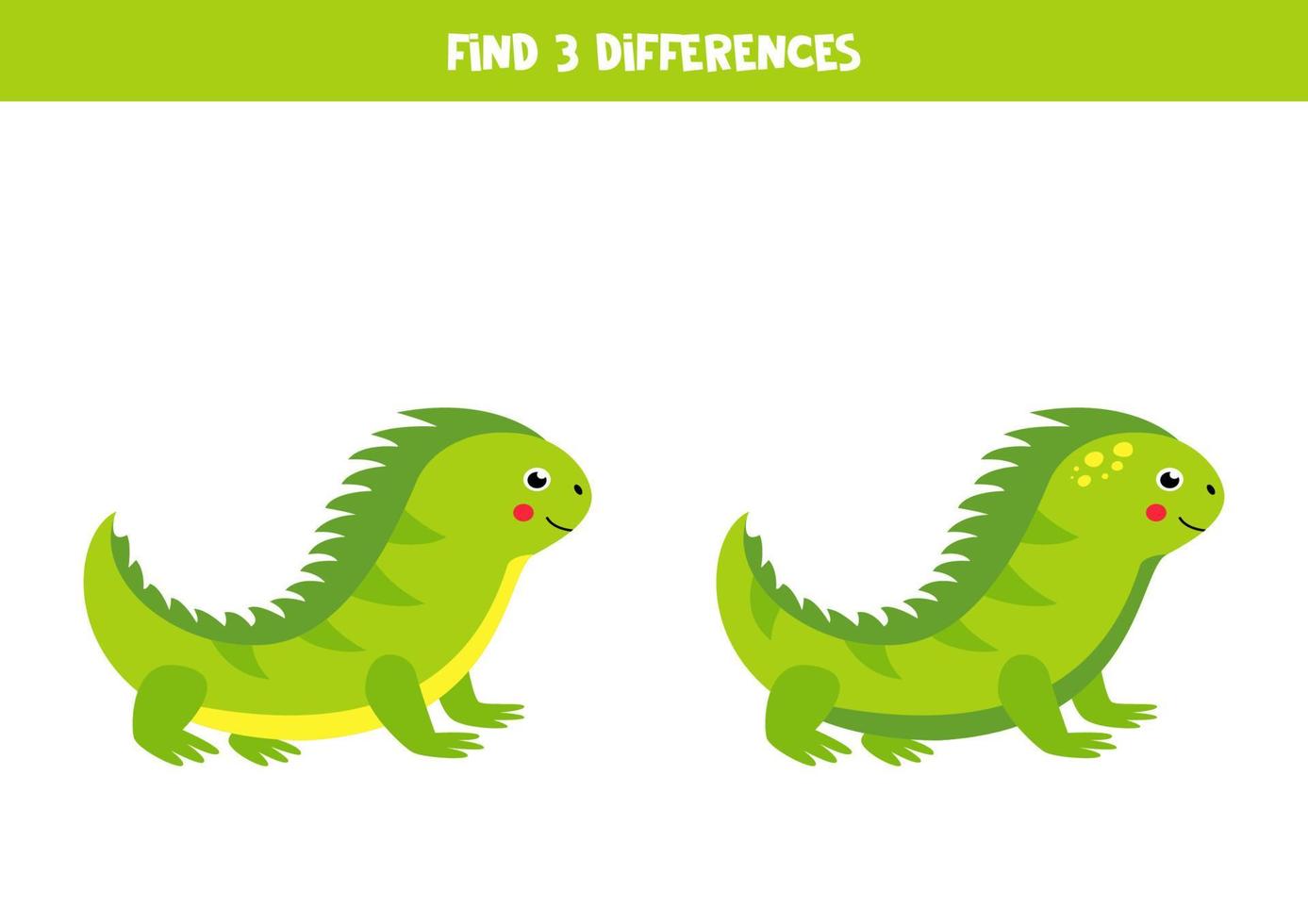 encontre 3 diferenças entre duas iguanas verdes de desenho animado. vetor