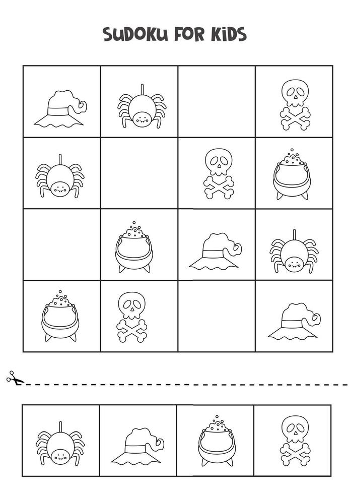 jogo de sudoku para crianças com lindas fotos de halloween em preto e branco vetor