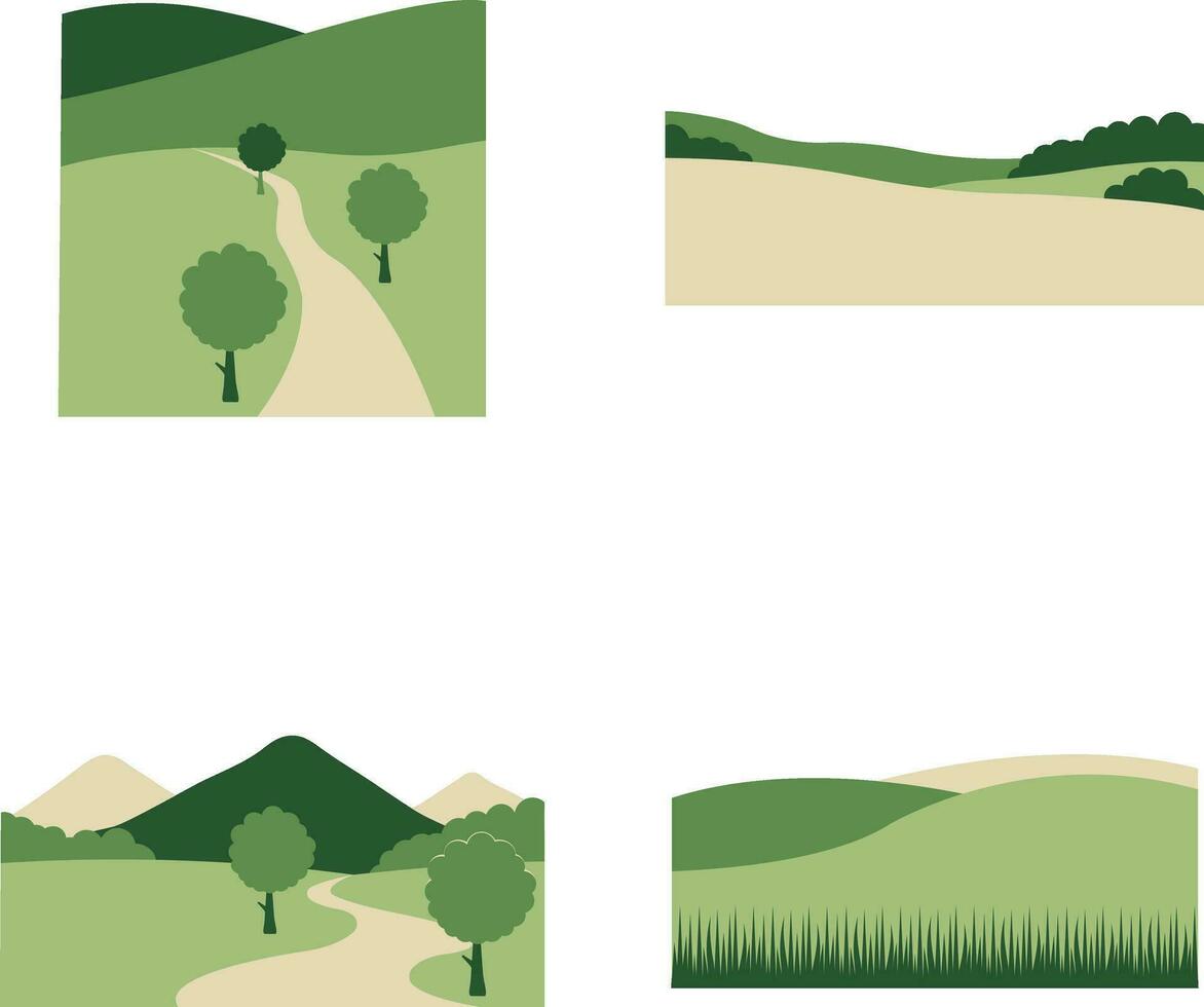 campo verde colinas com estético Projeto. isolado em branco fundo. vetor ilustração definir.