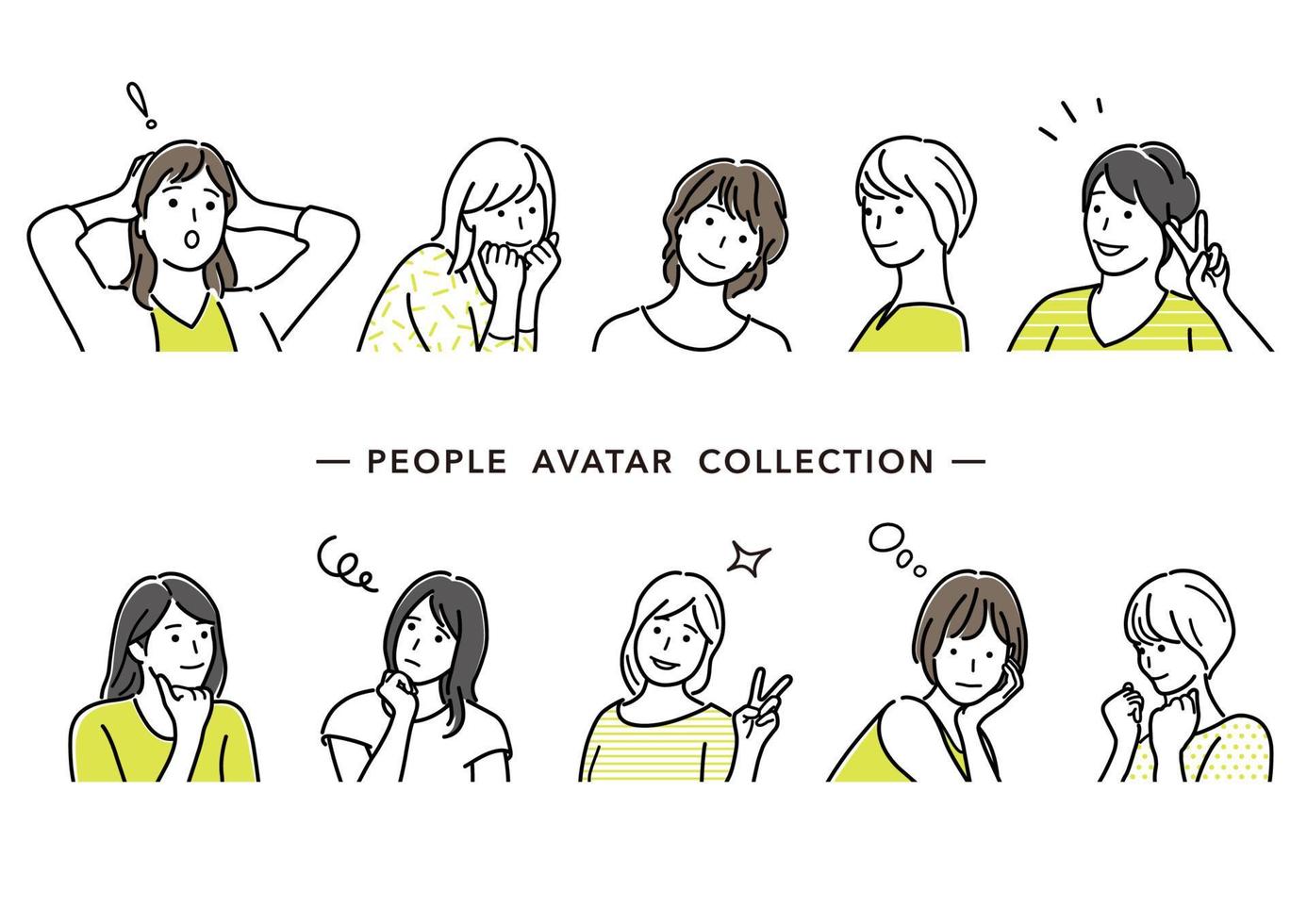 conjunto de avatares femininos, ilustração vetorial. desenhos de linha plana simples isolados em um fundo branco. vetor