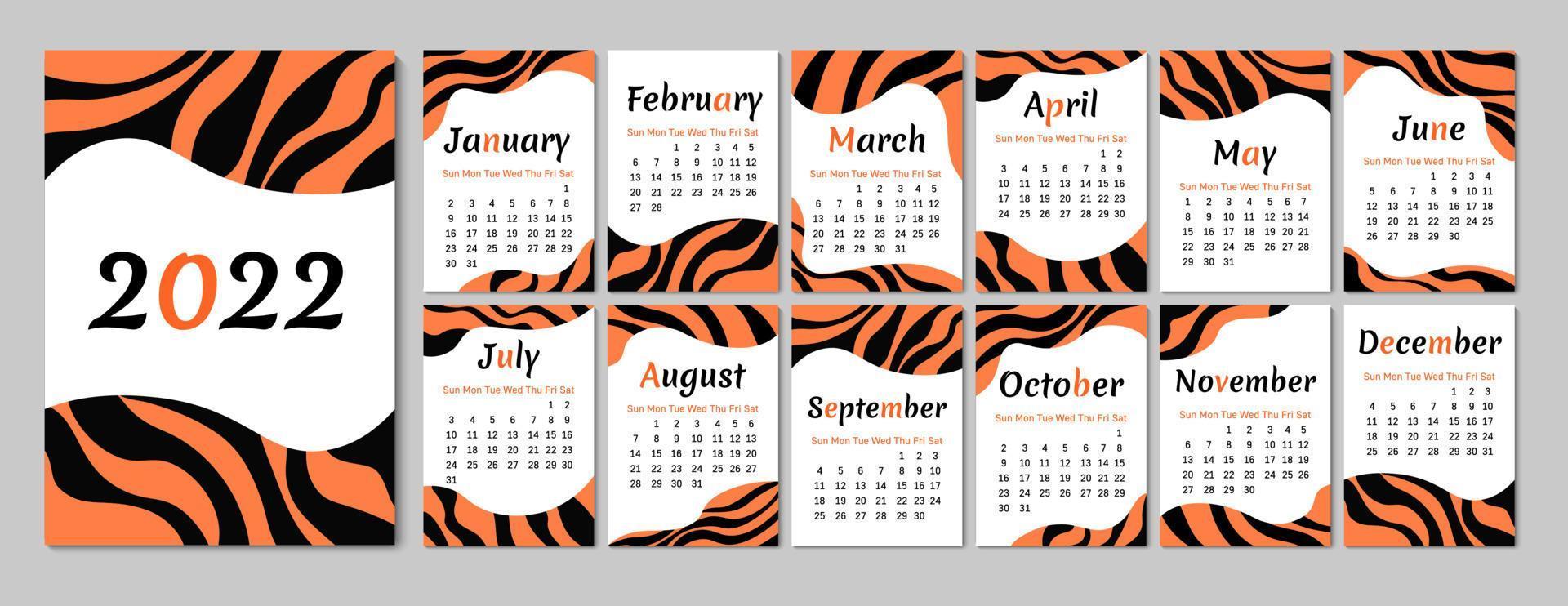 2022 calendar. desenho abstrato de tigre. tema animal. semana começa no domingo. formato a4 vertical. calendário de vetor 2022