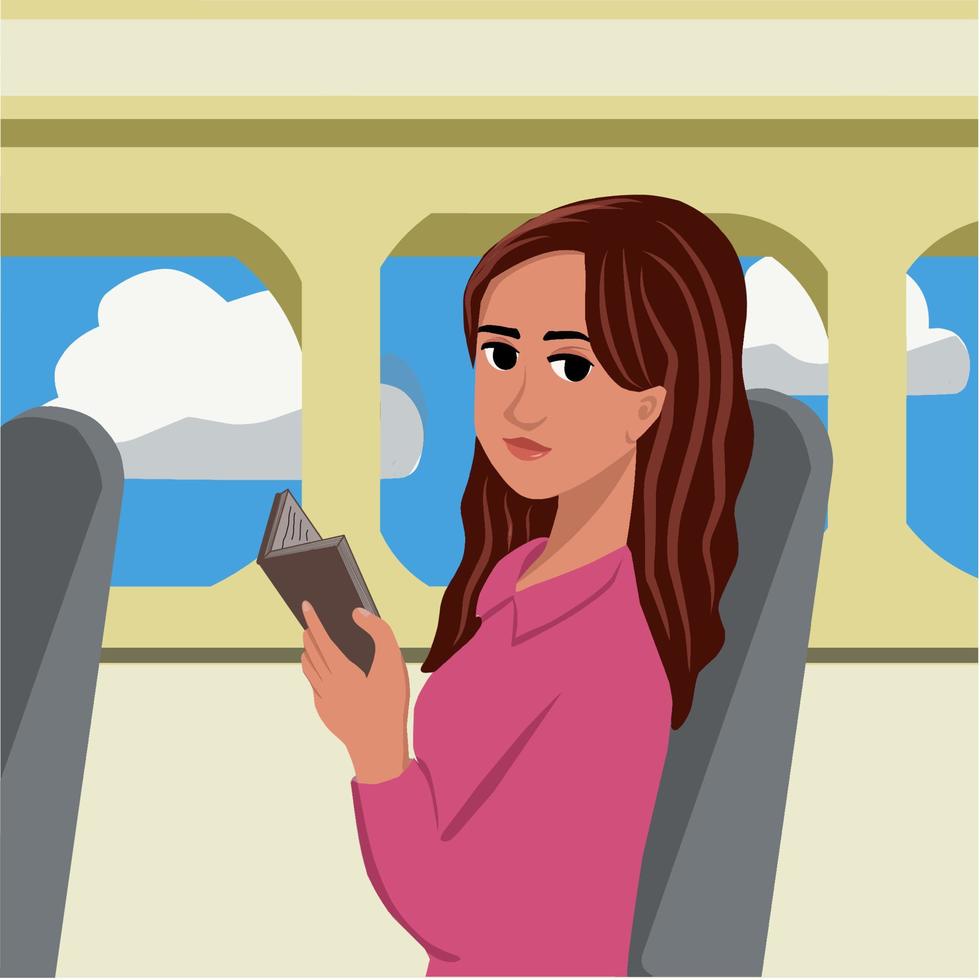 mulher lendo livro na próxima janela no avião vetor