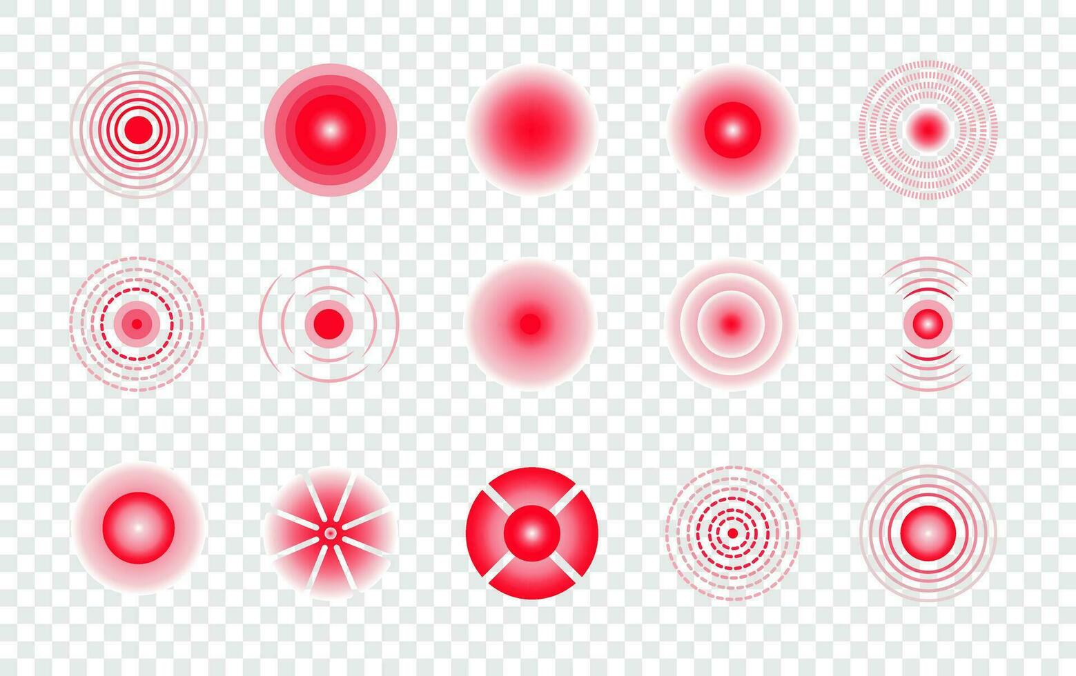 dor pontos definir. dor localização placa e dor apontamentos. vermelho argolas. sonar ondas. conjunto do radar ícones. radial marcadores para indicar do corpo ferir, vetor ilustração em branco fundo.