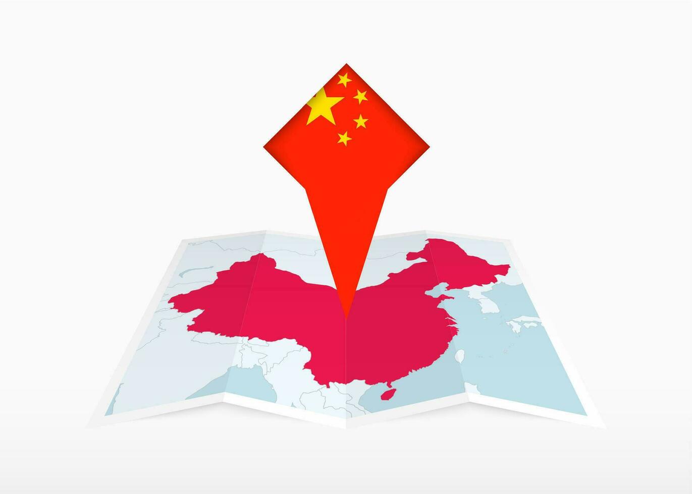 China é retratado em uma guardada papel mapa e fixado localização marcador com bandeira do China. vetor