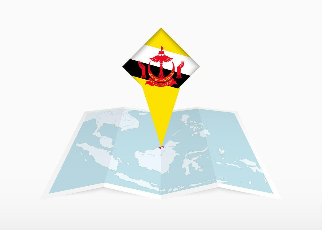 brunei é retratado em uma guardada papel mapa e fixado localização marcador com bandeira do brunei. vetor