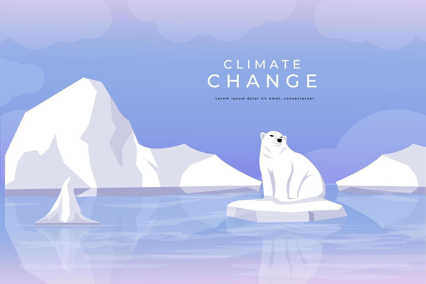 projeto vetorial mudança climática, ilustração do aquecimento global com derretimento de geleiras e urso polar preso em pedaços de geleiras vetor