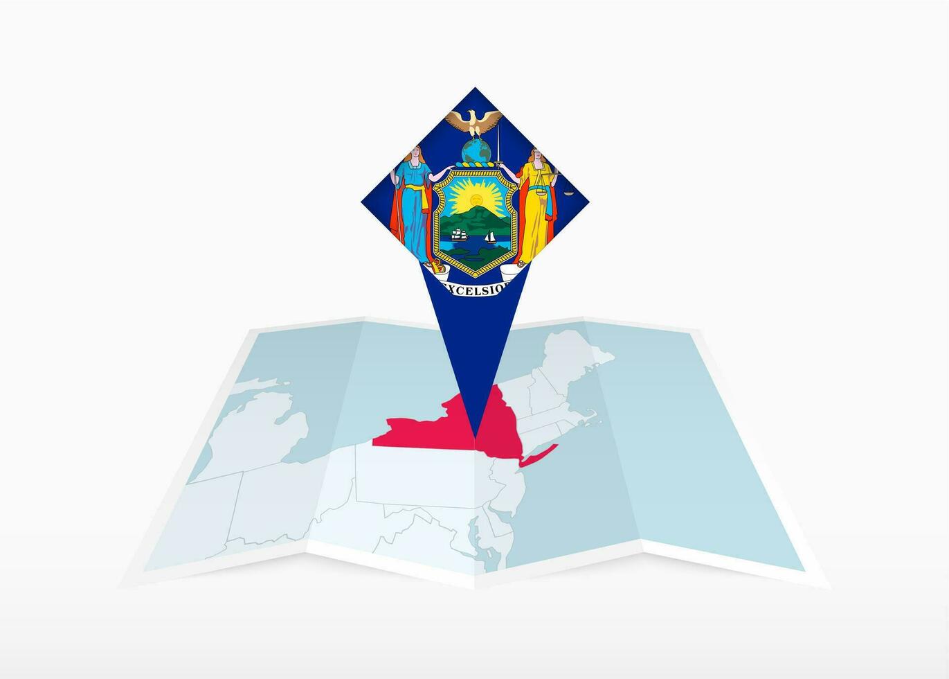 Novo Iorque é retratado em uma guardada papel mapa e fixado localização marcador com bandeira do Novo Iorque. vetor