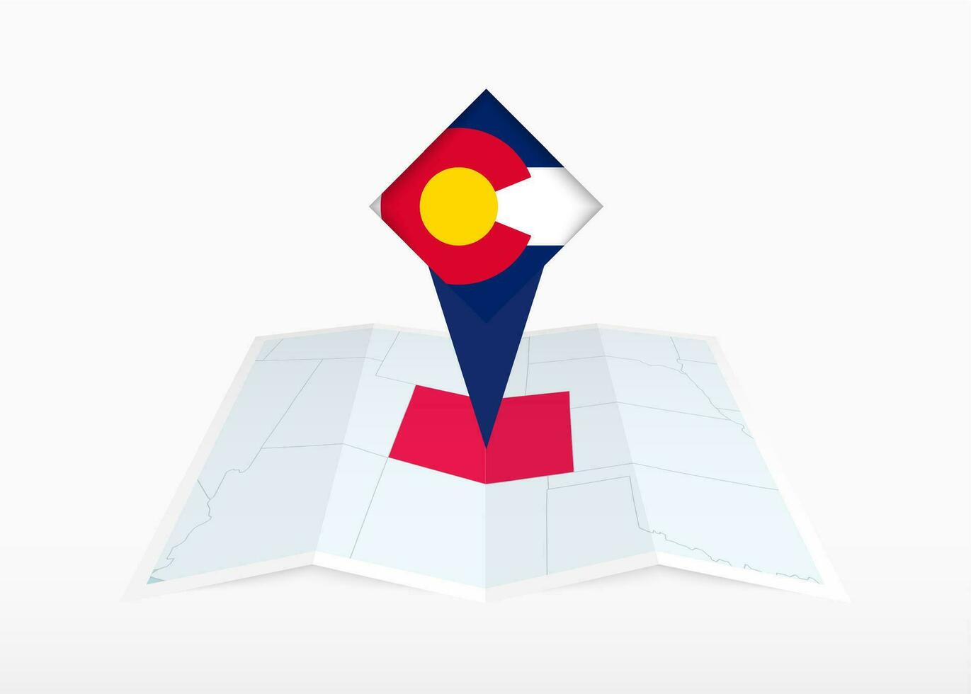 Colorado é retratado em uma guardada papel mapa e fixado localização marcador com bandeira do Colorado. vetor