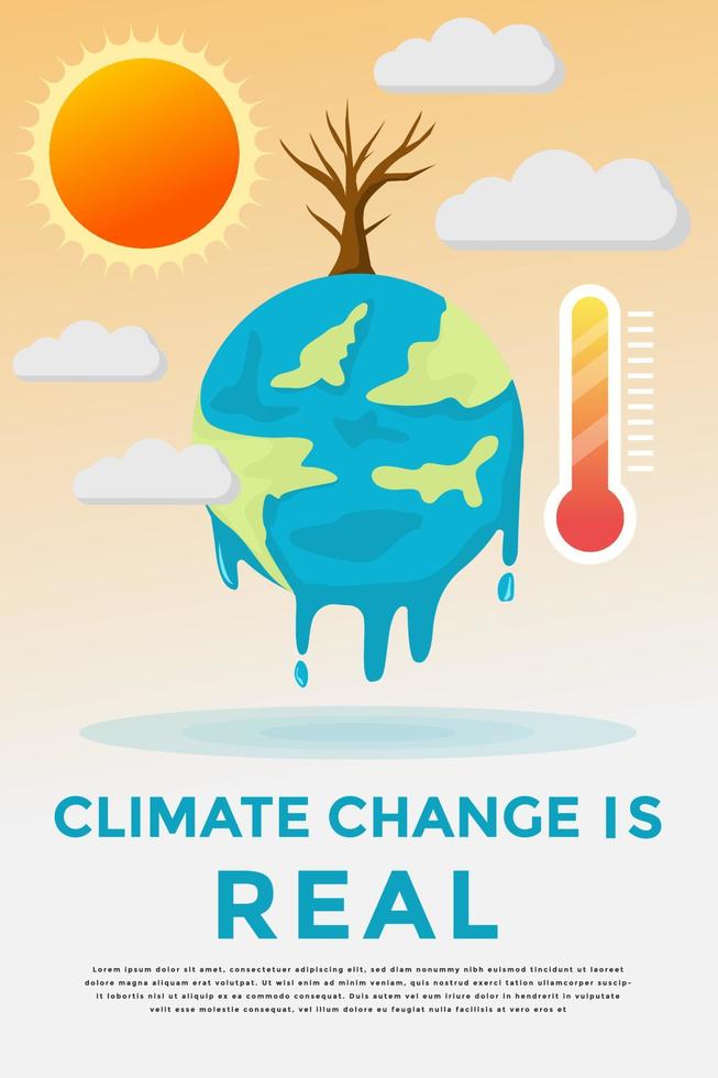 ilustração em vetor banner cartaz vertical mudança climática. Terra derretida com sol, árvore morta, nuvem escura e termômetro meteorológico