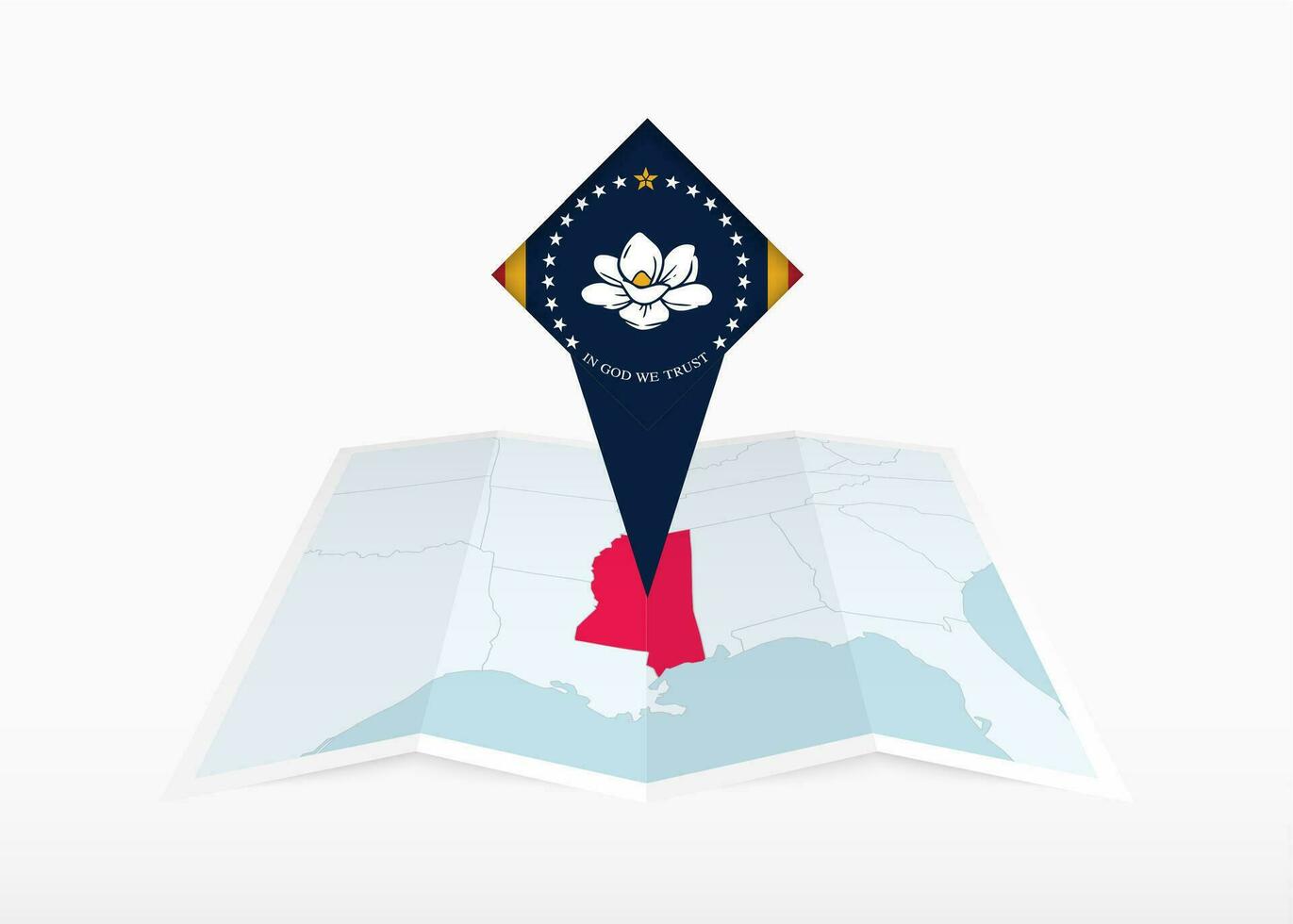 Mississippi é retratado em uma guardada papel mapa e fixado localização marcador com bandeira do mississippi. vetor