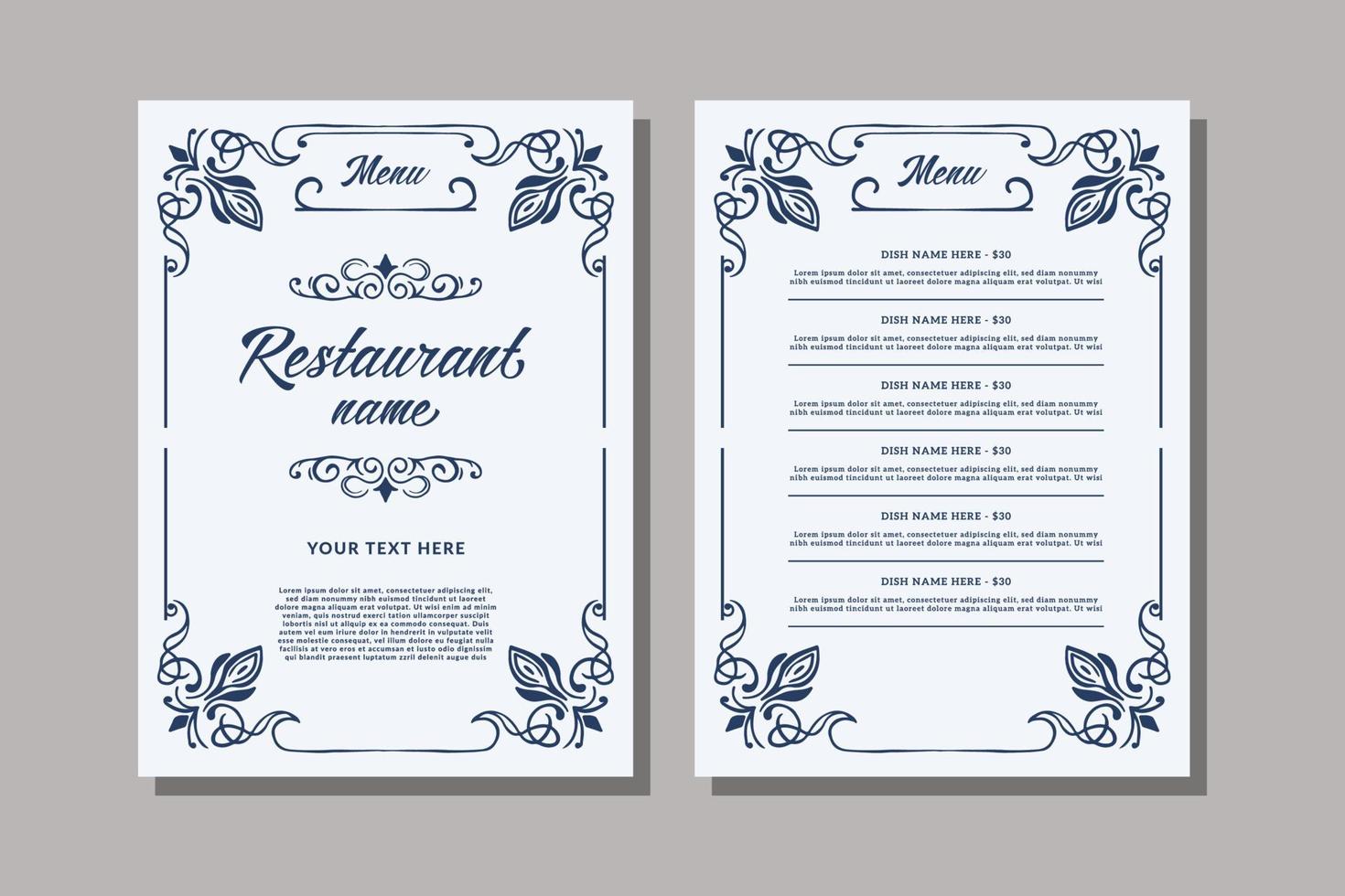 projeto do menu do restaurante com vetor clássico vintage ornamentado