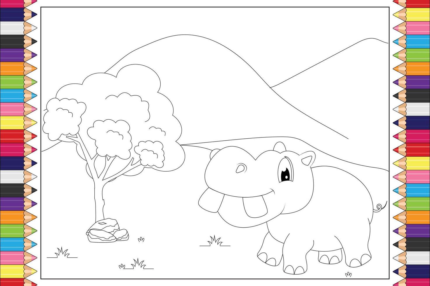 colorir desenho animado de animais de hipopótamo para crianças vetor