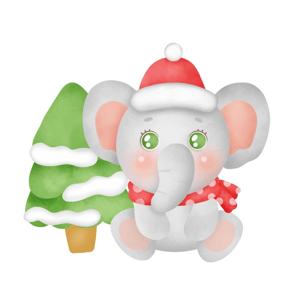 cartão de Natal com um elefante fofo em estilo aquarela. vetor