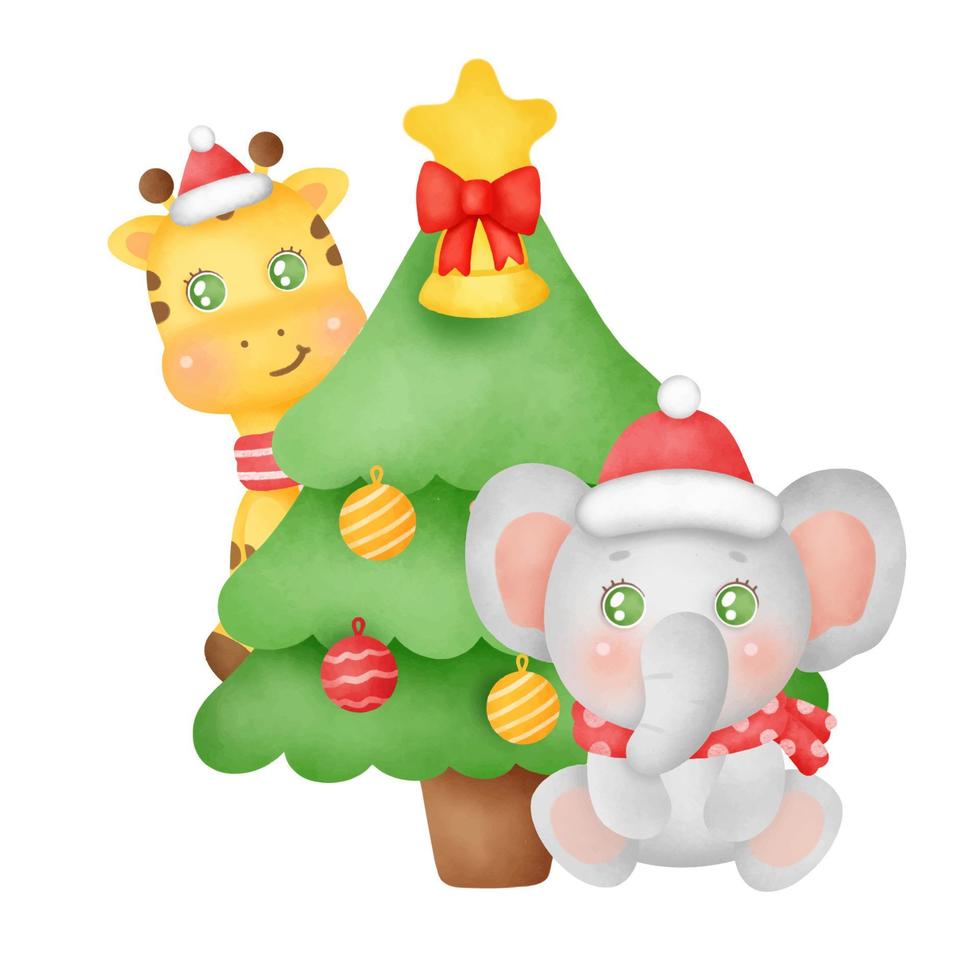 cartão de Natal e ano novo com um elefante fofo e girafa em estilo aquarela. vetor