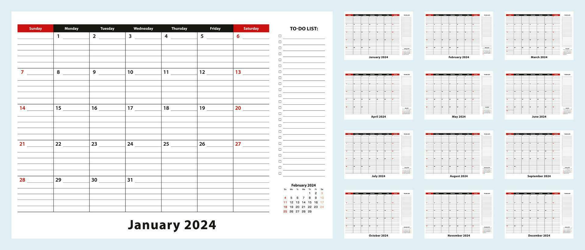 vetor por mês escrivaninha almofada calendário, janeiro 2024 - dezembro 2024. calendário planejador com façam Lista e Lugar, colocar para notas.