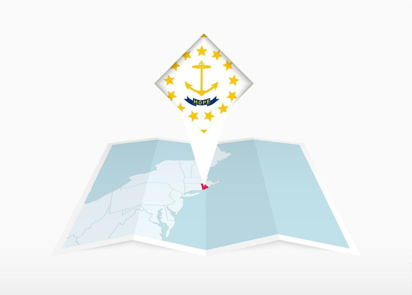 Rhode ilha é retratado em uma guardada papel mapa e fixado localização marcador com bandeira do Rhode ilha. vetor