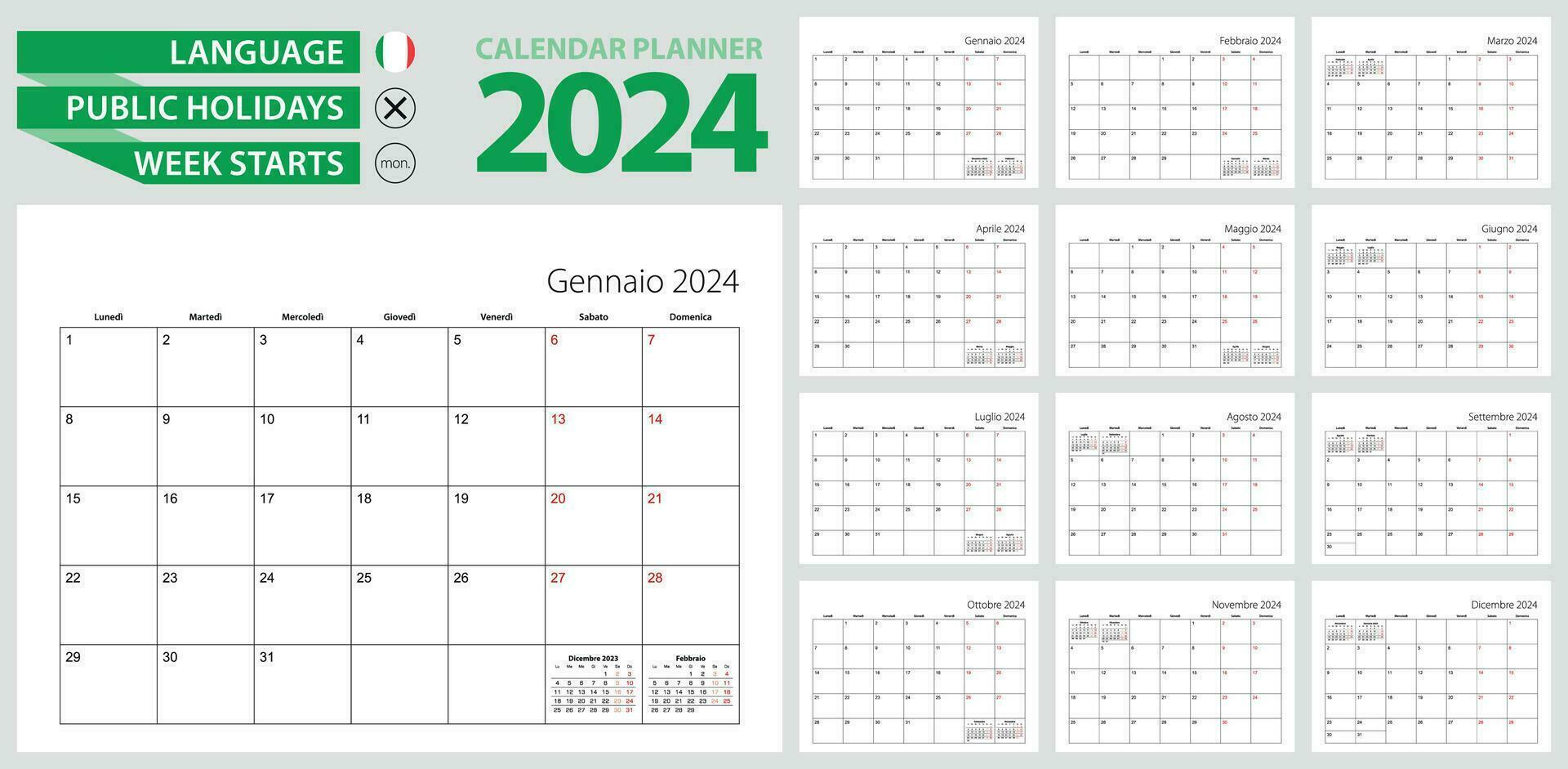 italiano calendário planejador para 2024. italiano linguagem, semana começa a partir de segunda-feira. vetor