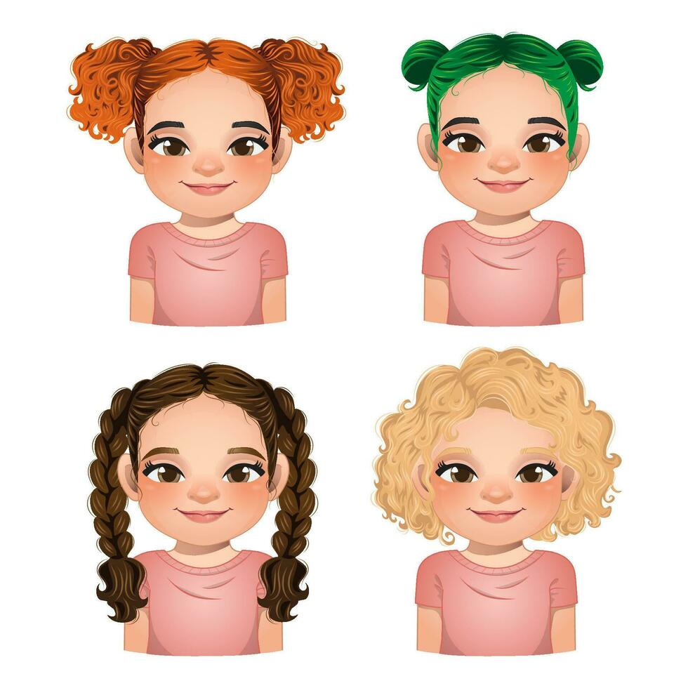 conjunto do Penteado para garotas, meninas rostos, avatares, criança cabeças diferente cor cabelo vetor
