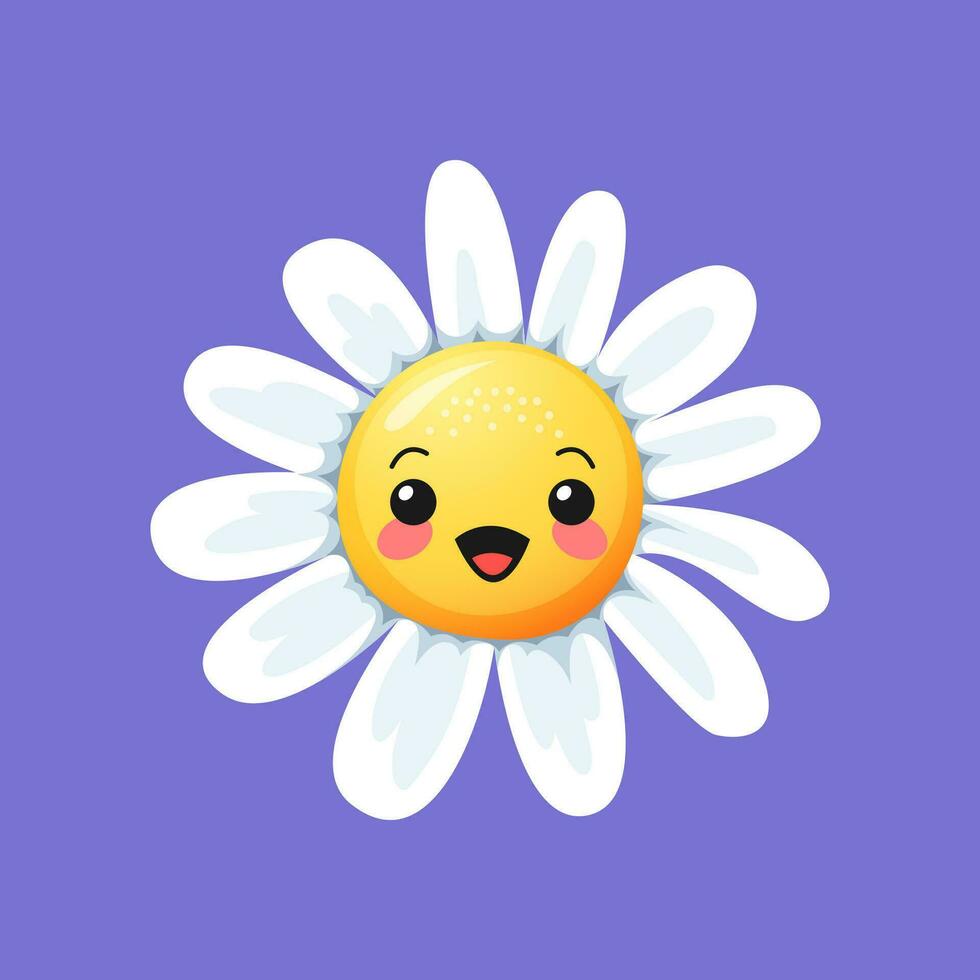 desenho animado feliz camomila, margarida flor sorrir emoji vetor