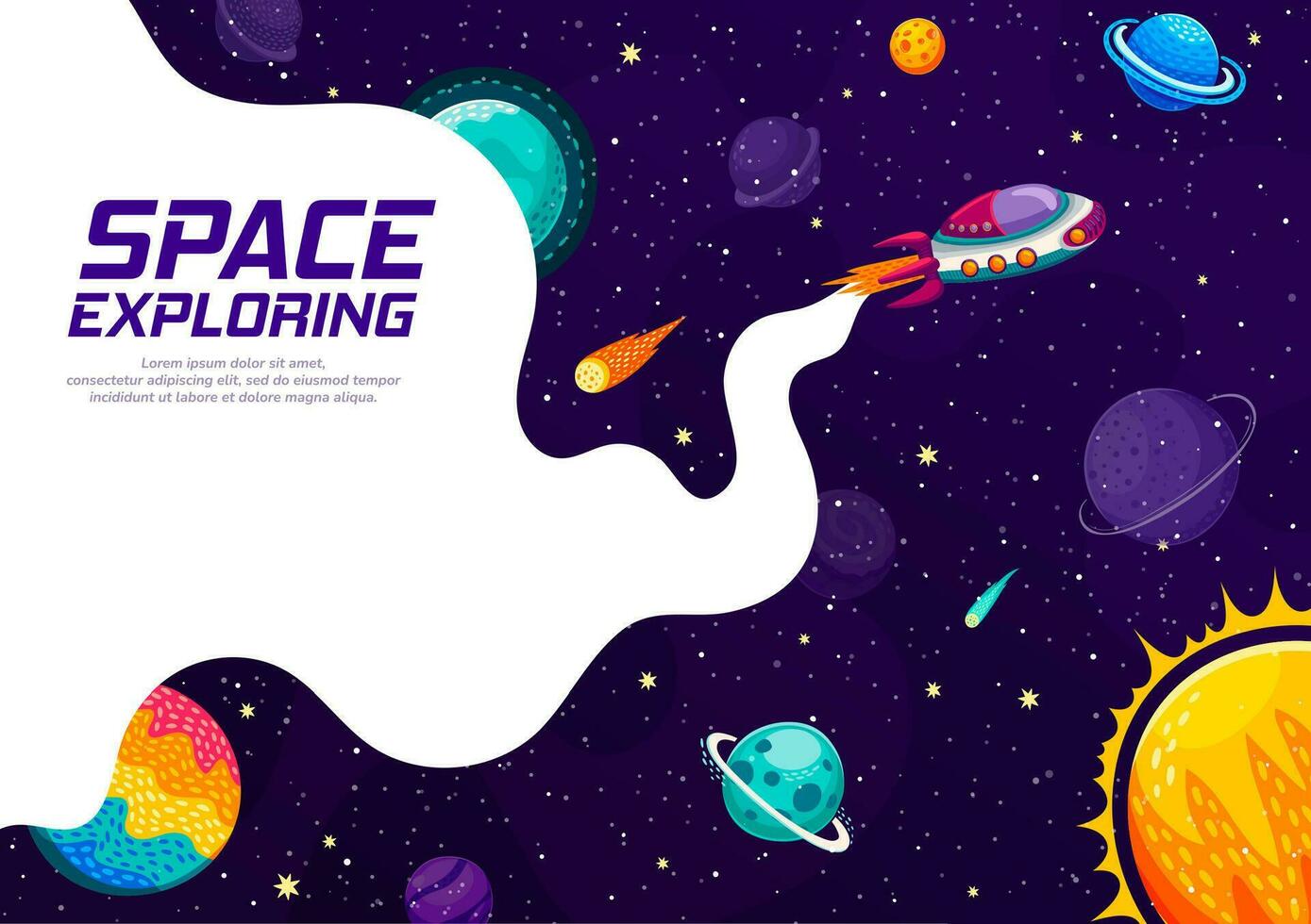 espaço explorar, desenho animado nave espacial vôo dentro galáxia vetor