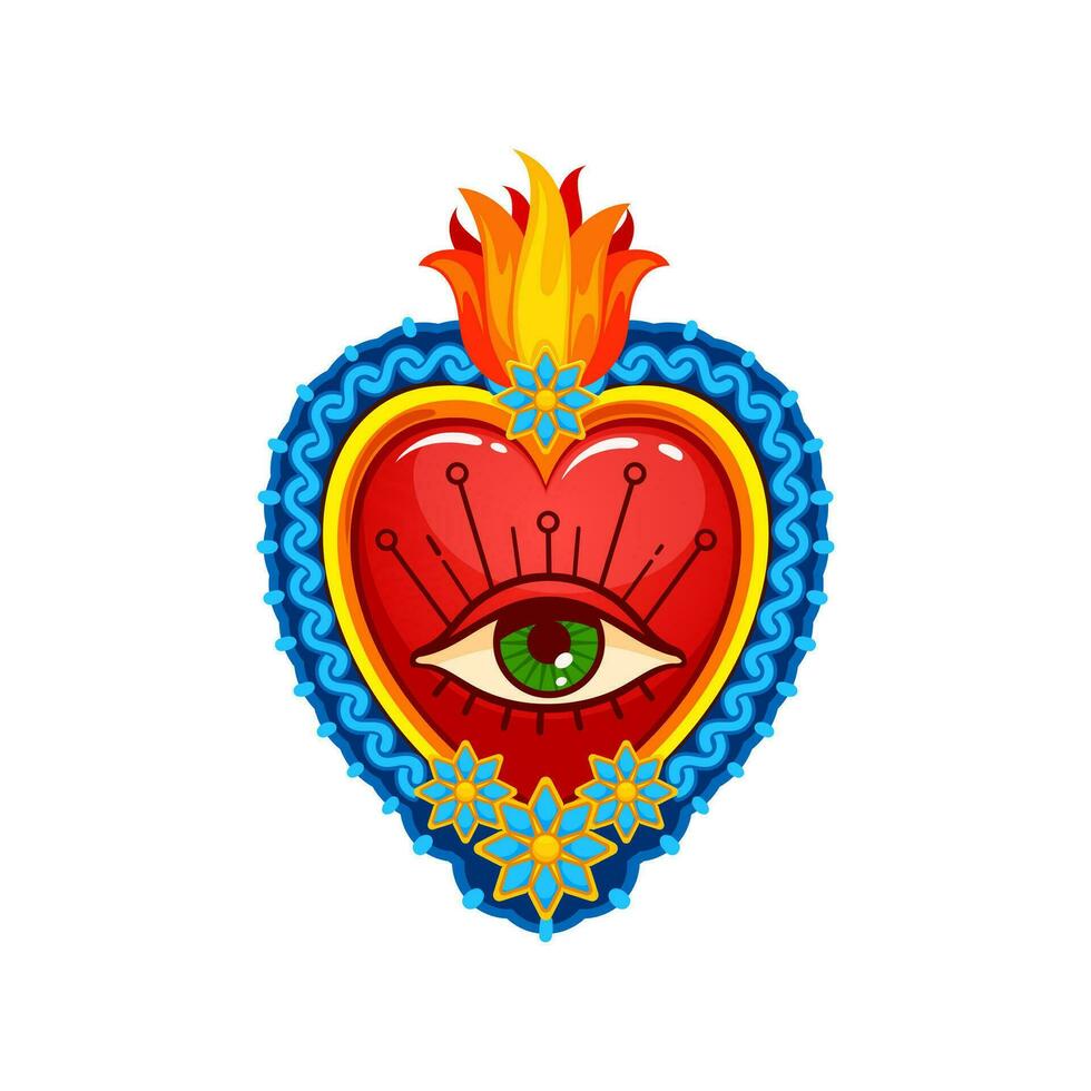 mexicano sagrado coração com olho, fogo e flores vetor