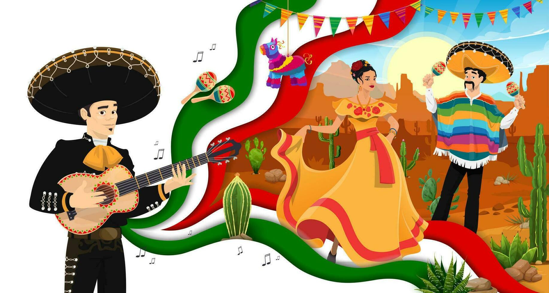 mexicano viagem papel cortar bandeira, mariachi músico vetor
