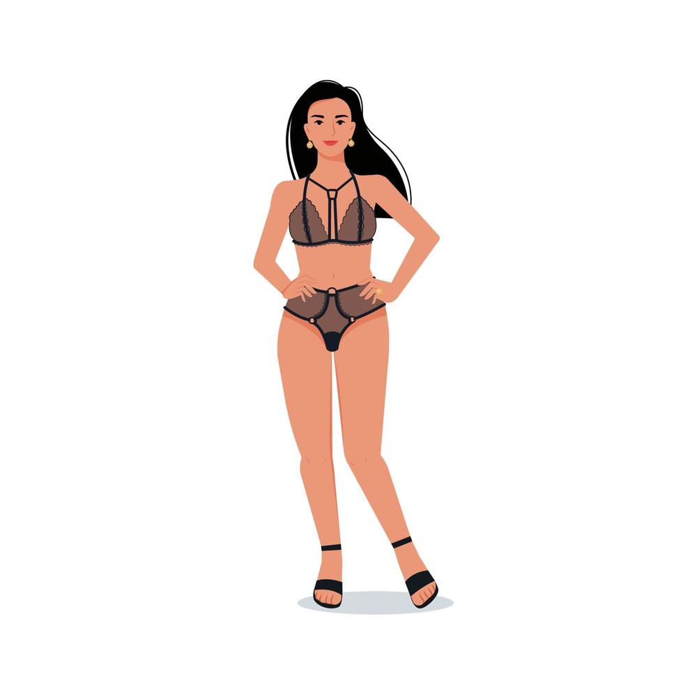 garota na ilustração plana de lingerie de renda. mulher atraente em lingerie preta vetor