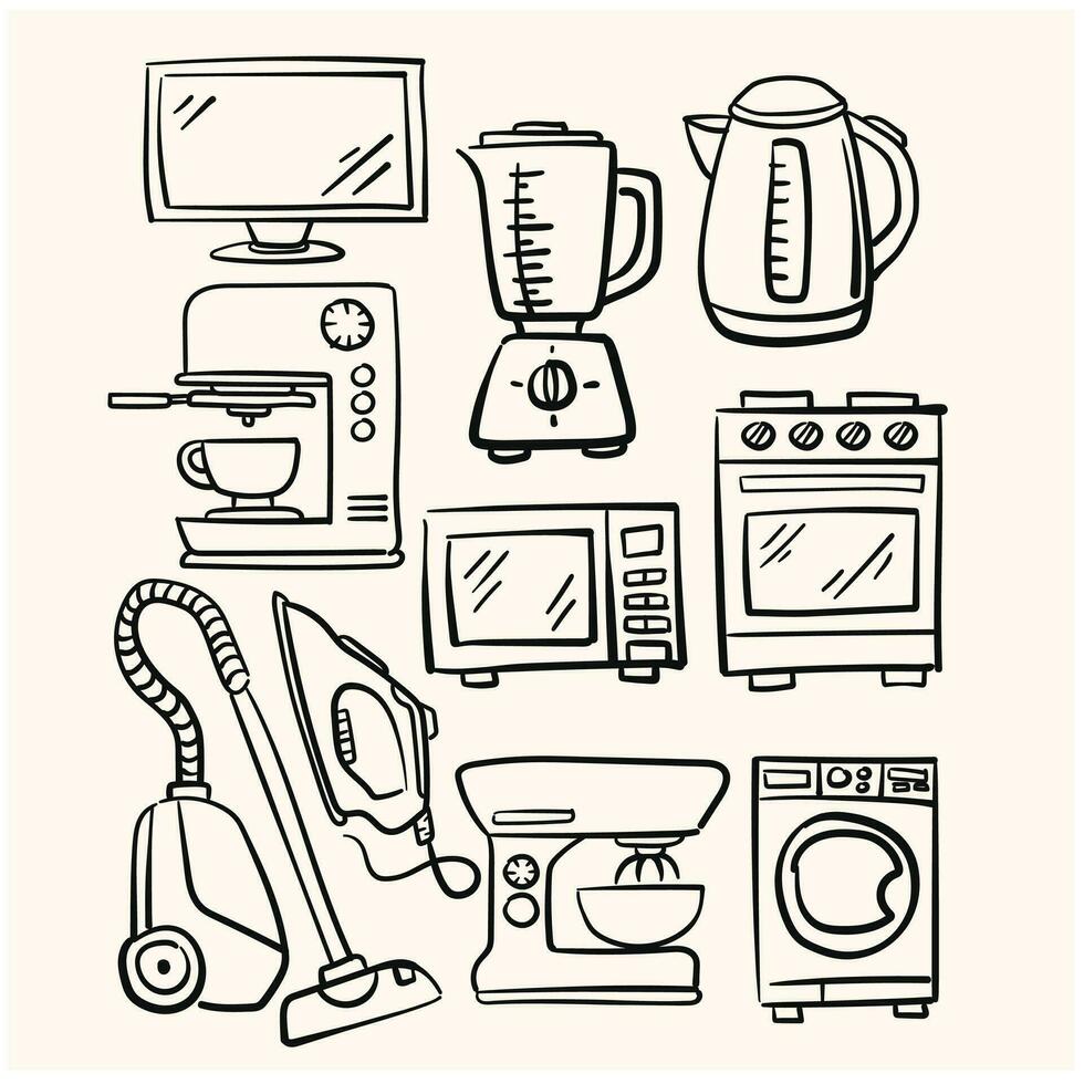 imagem do uma conjunto do família eletrodomésticos desenhado dentro uma linear rabisco estilo com uma creme fundo vetor